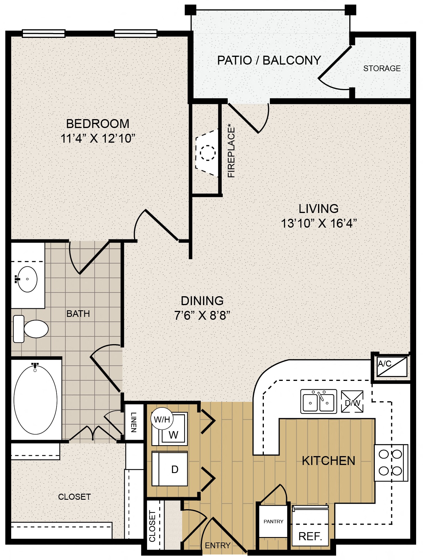 Floor plan for 1 bed, 1 bath, 793 sqft